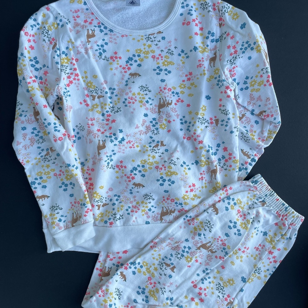 Petit Bateau White and Blue Pajama Set with Floral Design